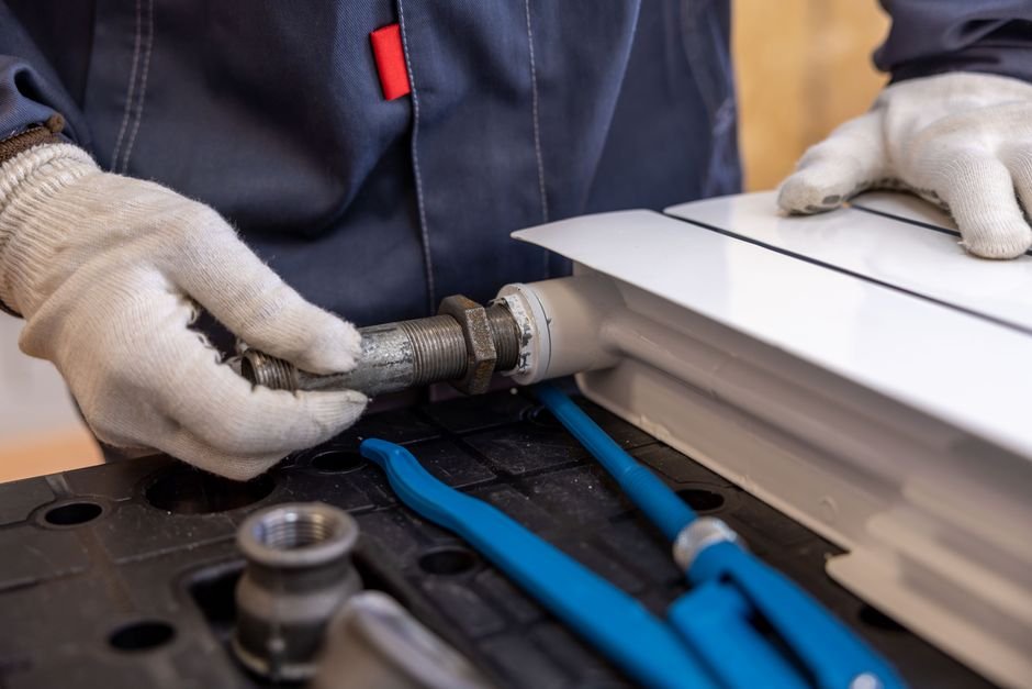 Gas Safe heating engineer working on radiator pipework during a central heating system service or power flush in Glasgow