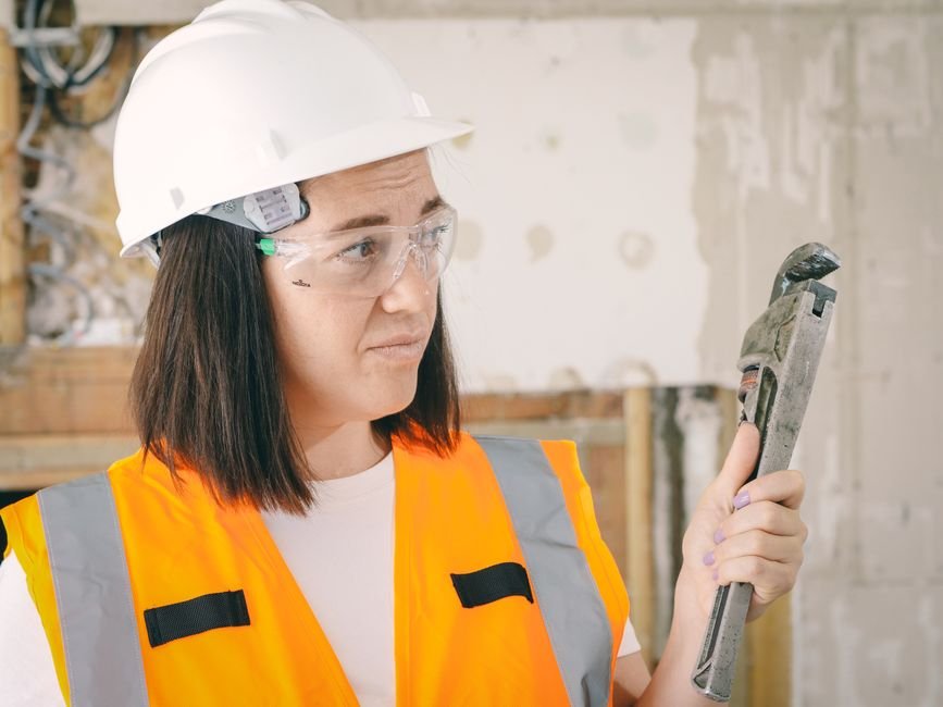 Tradesperson holding a plumber's wrench, representative of plumbing call-outs in Giffnock
